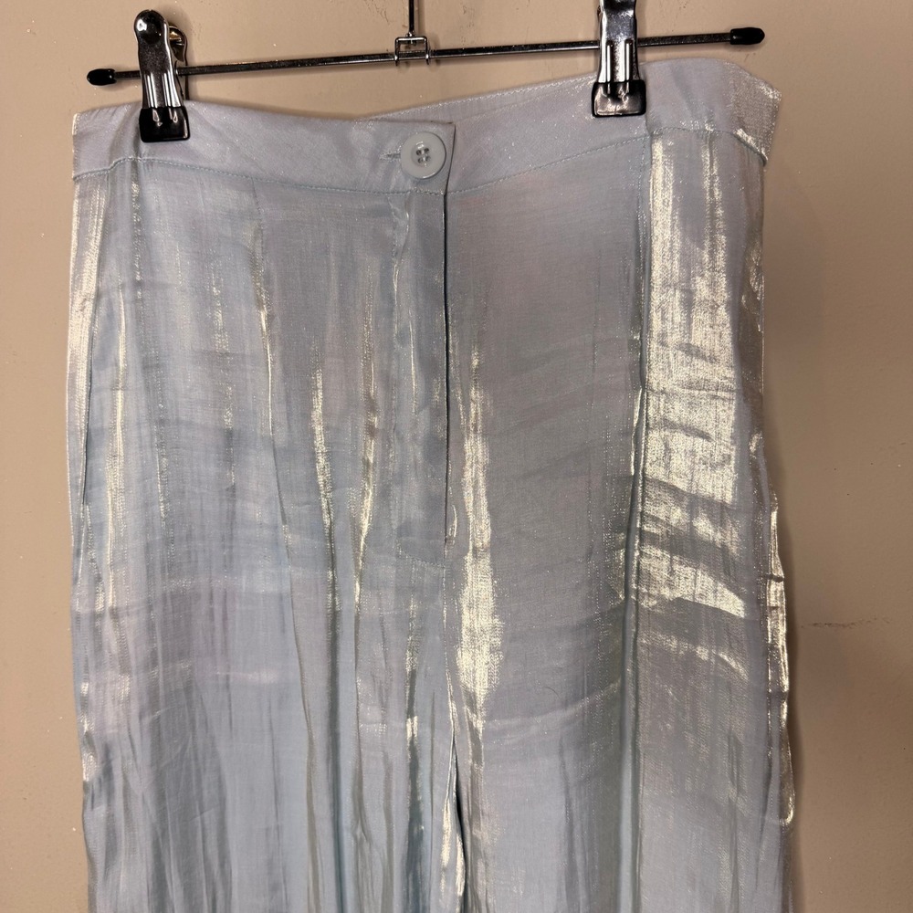 Nasty Gal Wide Leg Pants Womens Size 6 Light Blue Metallic Shimmer High Waist - Picture 5 of 10